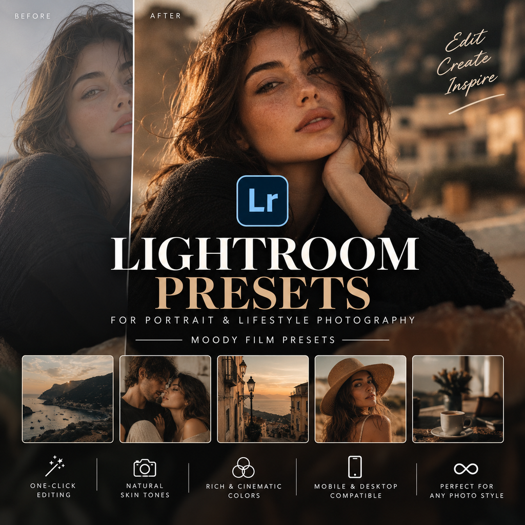 Promotional graphic for Lightroom presets showing a before-and-after portrait comparison, with the text 'LIGHTROOM PRESETS' and several small lifestyle photo thumbnails along the bottom.