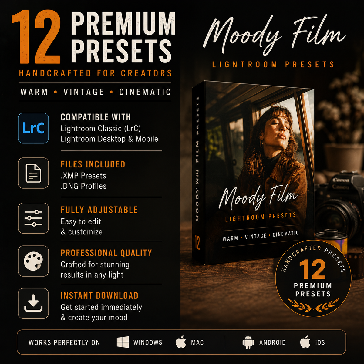 Promotional graphic for 'Moody Film Lightroom Presets' showing a book-style cover with a woman in a vintage car, alongside feature icons and text for 12 premium presets. The design uses warm orange, cream, and black tones, with compatibility badges for Lightroom Classic, Desktop, and Mobile, plus platform logos for Windows, Mac, Android, and iOS.
