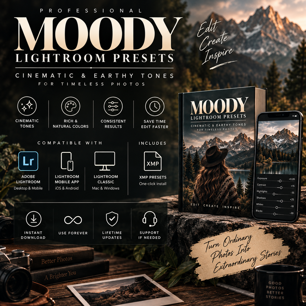 Promotional graphic for 'Moody Lightroom Presets' showing a book-style product box, a smartphone displaying the preset interface, and several feature icons on a dark scenic mountain background. Text reads 'Professional Moody Lightroom Presets' and 'Cinematic & Earthy Tones for Timeless Photos.