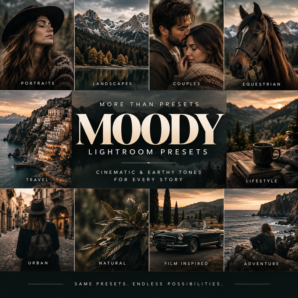 Promotional collage for 'Moody Lightroom Presets' showing multiple example photos with warm cinematic editing: portraits, landscapes, couples, equestrian, travel, lifestyle, urban, natural, film-inspired, and adventure scenes. Large centered text reads 'MORE THAN PRESETS MOODY LIGHTROOM PRESETS' with smaller copy below.