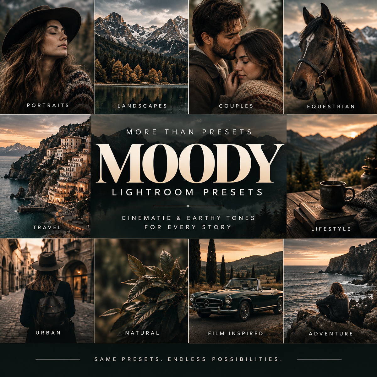 Promotional collage for 'Moody Lightroom Presets' showing multiple example photos with warm cinematic editing: portraits, landscapes, couples, equestrian, travel, lifestyle, urban, natural, film-inspired, and adventure scenes. Large centered text reads 'MORE THAN PRESETS MOODY LIGHTROOM PRESETS' with smaller copy below.
