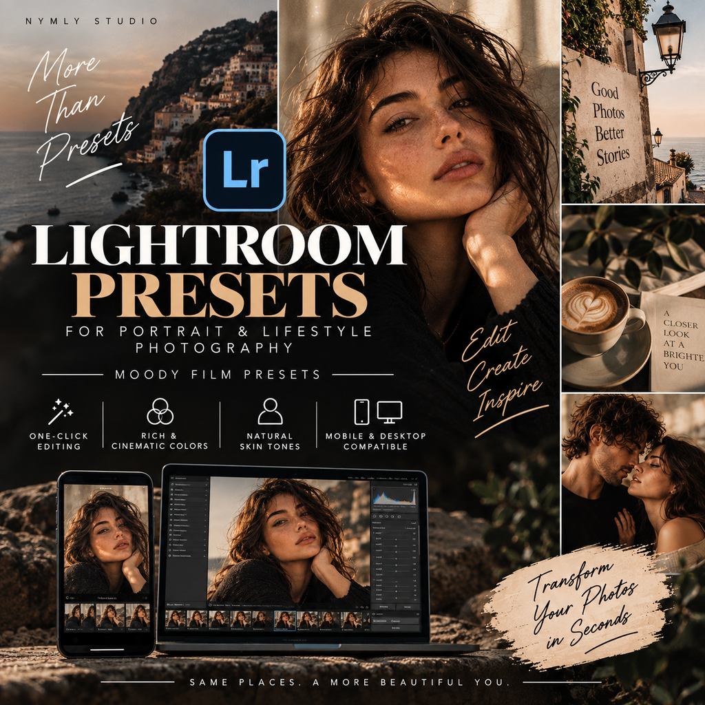 Promotional graphic for Lightroom presets by Nymly Studio, featuring a collage of warm-toned lifestyle photos and text advertising moodys film presets for portrait and lifestyle photography. The Adobe Lightroom logo is visible, and the design includes mockups of a laptop and phone displaying photo-editing interfaces.