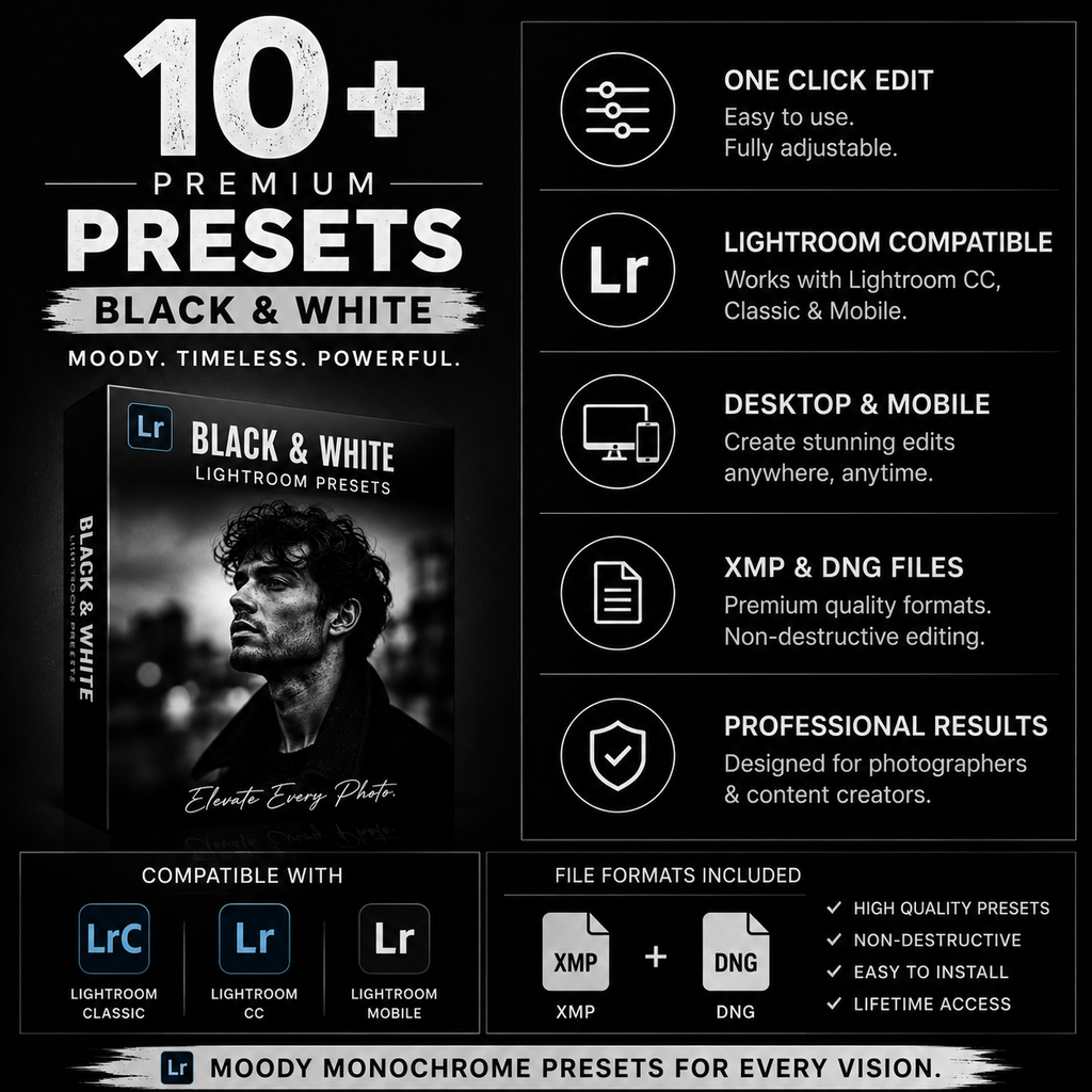 Promotional graphic for a Lightroom preset pack titled '10+ Premium Presets Black & White'. The design is dark and moody, featuring a mockup of a black-and-white portrait book cover, compatibility badges for Lightroom Classic, CC, and Mobile, and file format icons for XMP and DNG.