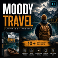 Promotional graphic for 'Moody Travel Lightroom Presets' showing a scenic mountain lake landscape with a person seen from behind wearing a beanie and backpack. Large text reads 'MOODY TRAVEL' with 'LIGHTROOM PRESETS' below, plus a software icon in the top right.