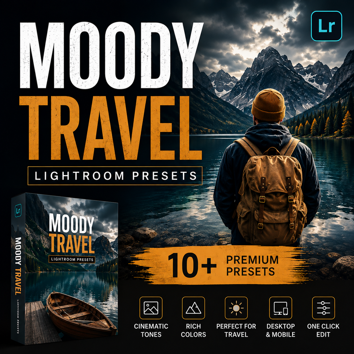 Promotional graphic for 'Moody Travel Lightroom Presets' showing a scenic mountain lake landscape with a person seen from behind wearing a beanie and backpack. Large text reads 'MOODY TRAVEL' with 'LIGHTROOM PRESETS' below, plus a software icon in the top right.