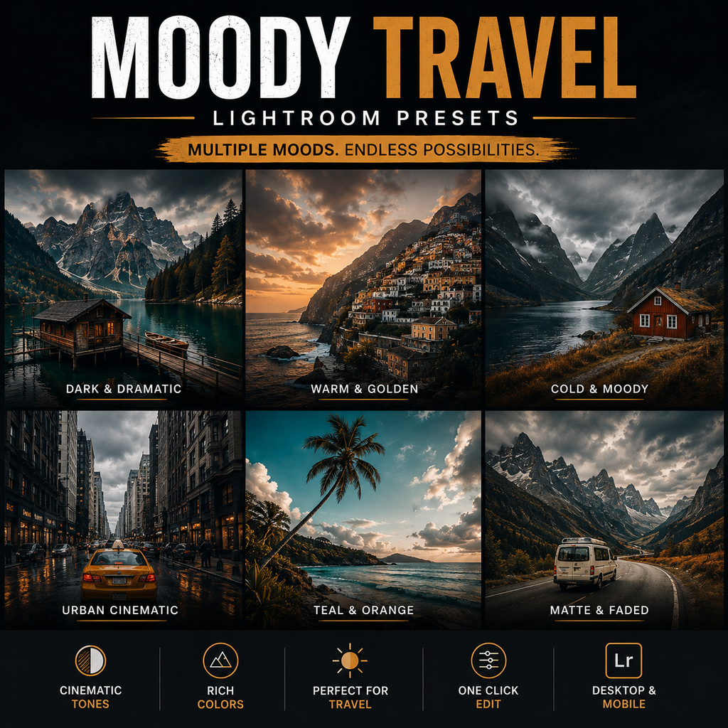 Promotional graphic for 'MOODY TRAVEL' Lightroom presets, showing six scenic landscape photos with different color grading styles: dark and dramatic, warm and golden, cold and moody, urban cinematic, teal and orange, and matte and faded. Text at the bottom highlights cinematic tones, rich colors, travel suitability, one-click editing, and desktop/mobile compatibility.