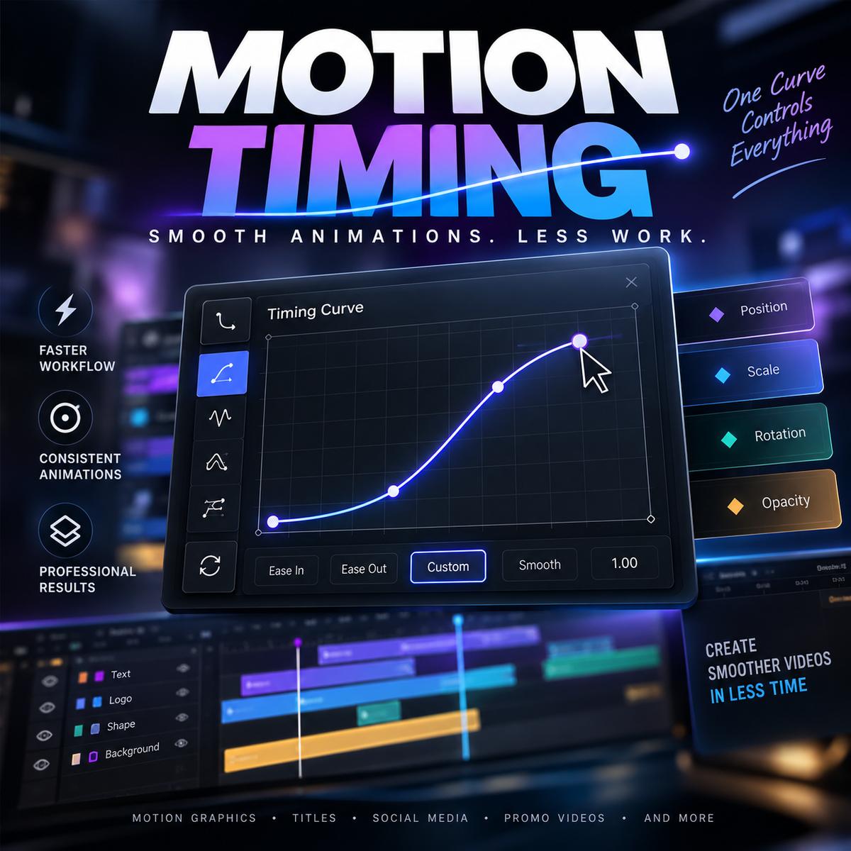 Promotional graphic for a motion timing software or service, featuring a large title 'MOTION TIMING' at the top, a central digital interface showing a timing curve, and feature callouts on a dark blurred background.