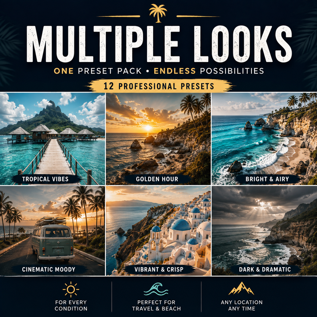 Promotional graphic for a preset pack titled 'MULTIPLE LOOKS' with six scenic travel photo panels labeled Tropical Vibes, Golden Hour, Bright & Airy, Cinematic Moody, Vibrant & Crisp, and Dark & Dramatic. Text reads 'One preset pack • endless possibilities' and '12 professional presets.