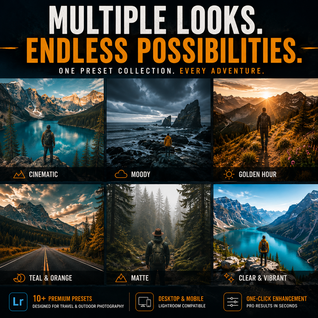 Promotional graphic for a preset collection showing six landscape photo examples with different color grading: cinematic, moody, golden hour, teal and orange, matte, and clear & vibrant. Large text at the top reads 'MULTIPLE LOOKS.