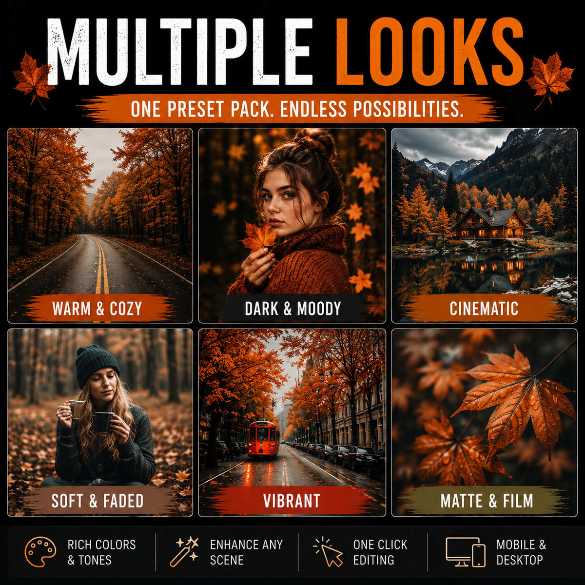 Moody Fall Lightroom presets showcasing warm, dark, cinematic, vibrant, soft, and film-inspired autumn photo styles.