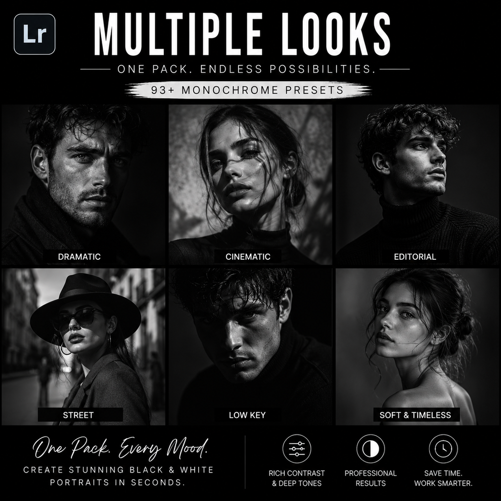 Promotional graphic for a pack of 93+ monochrome photo presets, showing six black-and-white portrait examples labeled Dramatic, Cinematic, Editorial, Street, Low Key, and Soft & Timeless, with text reading 'Multiple Looks' and 'One Pack. Endless Possibilities.