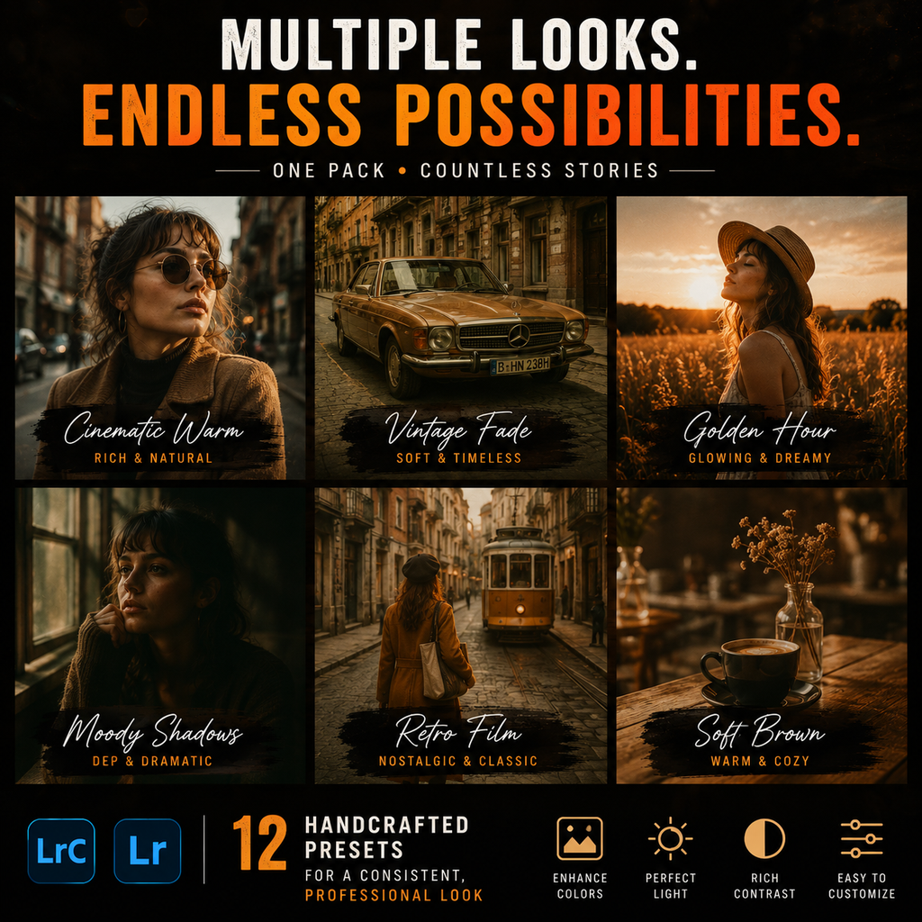 Promotional graphic for a set of 12 Lightroom presets, showcasing six different warm-toned cinematic photo styles with text labels like 'Cinematic Warm', 'Vintage Fade', 'Golden Hour', 'Moody Shadows', 'Retro Film', and 'Soft Brown'. The top text reads 'Multiple looks.