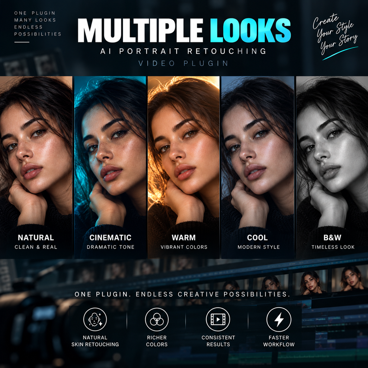 AI video portrait retouching plugin showing natural, cinematic, warm, cool, and black-and-white portrait styles.