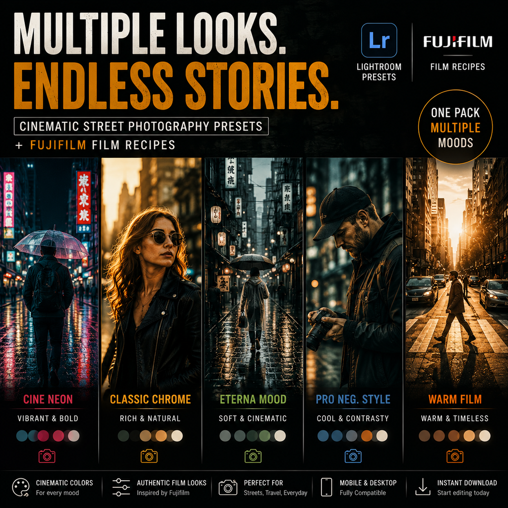 Promotional graphic for a pack of Fujifilm film presets and editing recipes, showing five stylized street photography scenes in different colorways: cine neon, classic chrome, eternal mood, pro neg. style, and warm film.