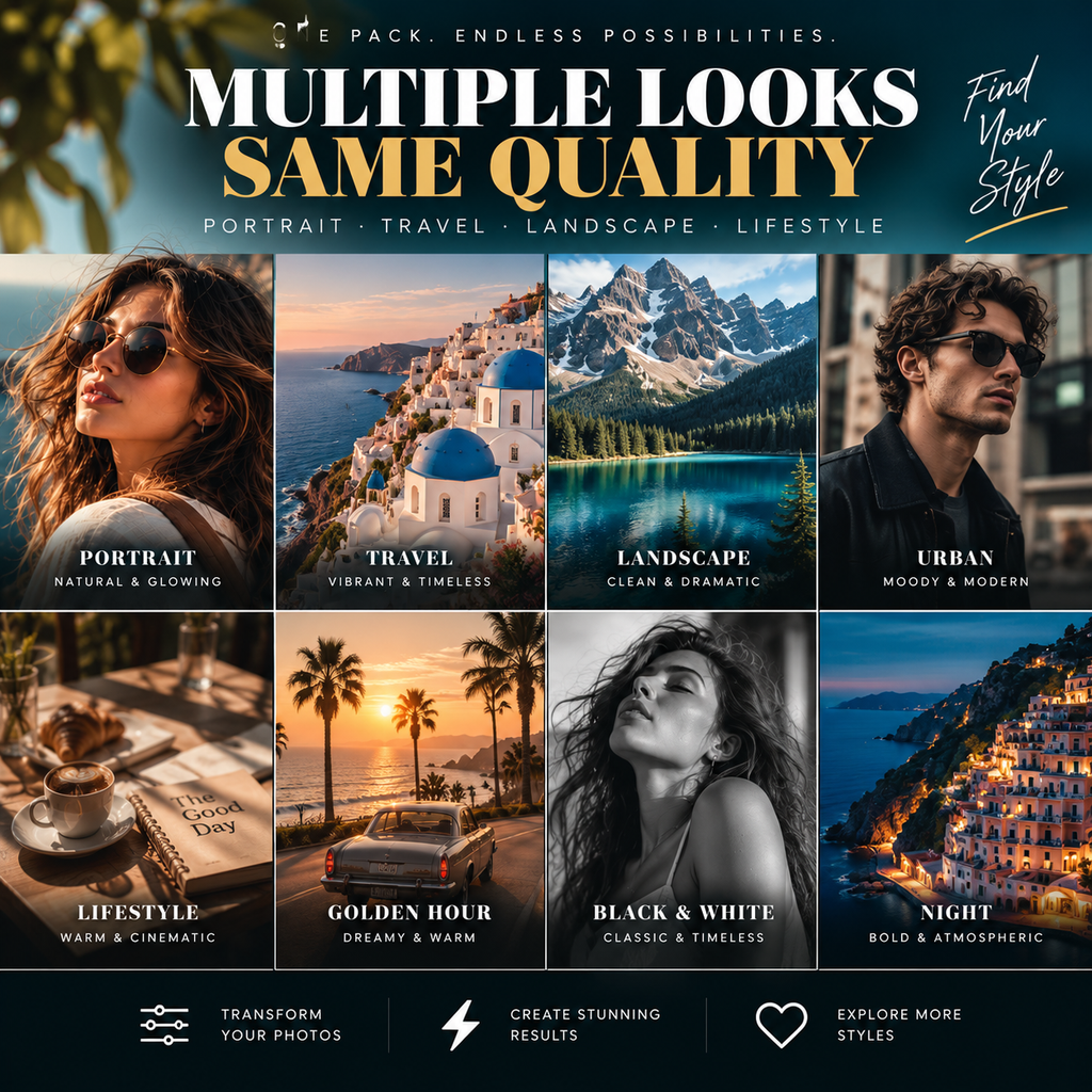 Multiple Lightroom preset styles for portrait, travel, landscape, lifestyle, golden hour, black and white, and night photos.
