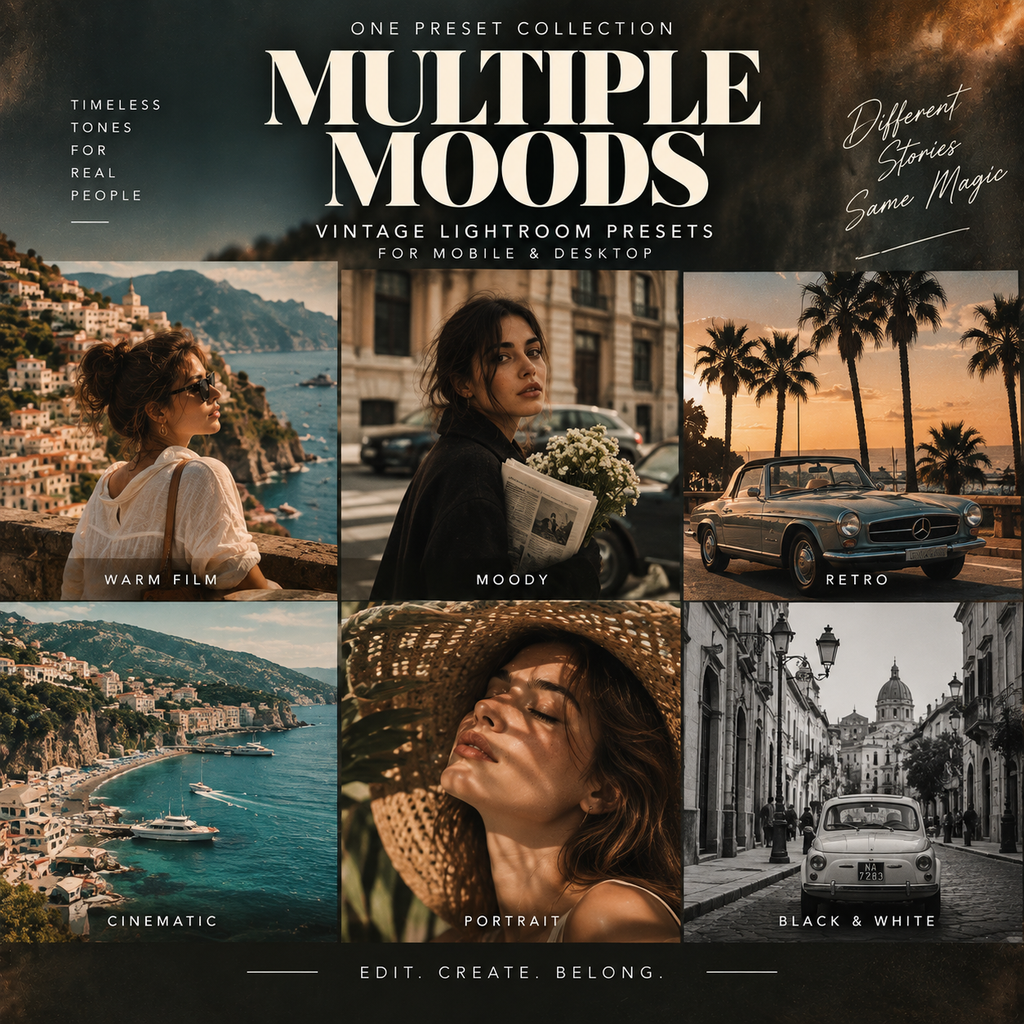 Promotional graphic for a preset collection titled 'Multiple Moods' showing six vintage-style photo panels with warm, moody, retro, cinematic, portrait, and black-and-white filters. Large text reads 'One Preset Collection' and 'Multiple Moods' with smaller copy about Lightroom presets for mobile and desktop.