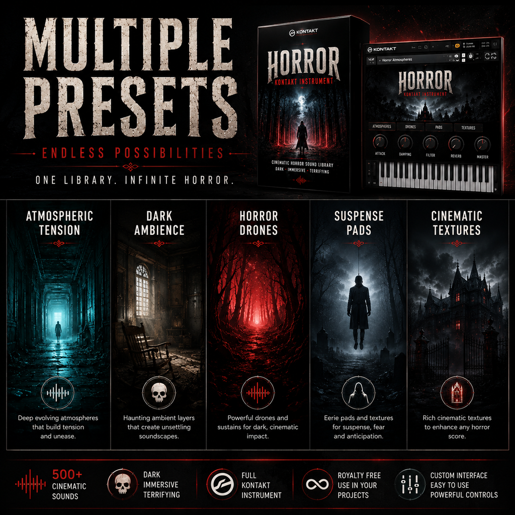 Promotional graphic for a horror preset pack, showing the product box and software interface on a dark red background, with five feature panels below: Atmospheric Tension, Dark Ambience, Horror Drones, Suspense Pads, and Cinematic Textures. Large text reads 'MULTIPLE PRESETS' and 'ENDLESS POSSIBILITIES.