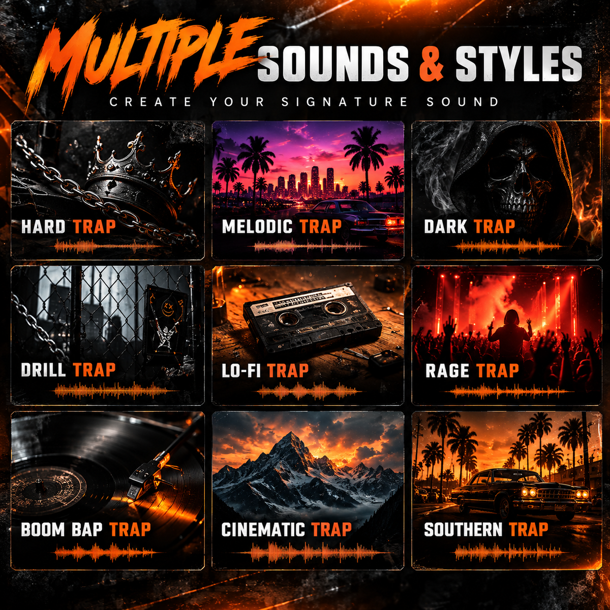 Promotional graphic for a music sound library titled 'Multiple Sounds & Styles' with nine sample tile previews labeled Hard Trap, Melodic Trap, Dark Trap, Drill Trap, Lo-Fi Trap, Rage Trap, Boom Bap Trap, Cinematic Trap, and Southern Trap. The design uses fiery orange, black, and red tones with soundwave graphics and no visible physical product or person.