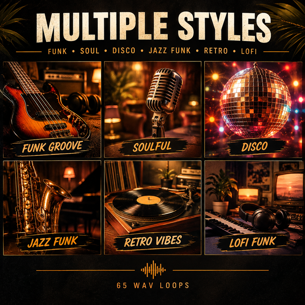 Promotional graphic for a music loop pack titled 'MULTIPLE STYLES' with six warm-toned panels showing a bass guitar, vintage microphone, disco ball, saxophone, turntable, and headphones. Text lists styles: FUNK, SOULFUL, DISCO, JAZZ FUNK, RETRO, LOFI, and '65 WAY LOOPS'.