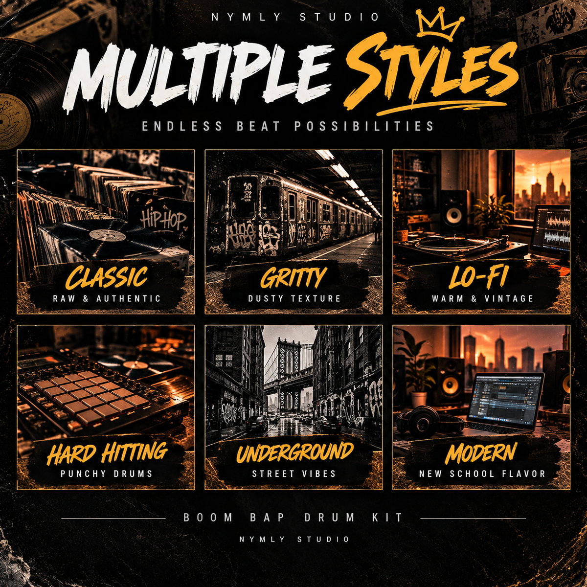 Promotional graphic for a 'Multiple Styles' Boom Bap Drum Kit by Nymly Studio, showcasing six distinct drum sample packs: Classic, Gritty, Lo-Fi, Hard Hitting, Underground, and Modern, each with its own atmospheric background scene.