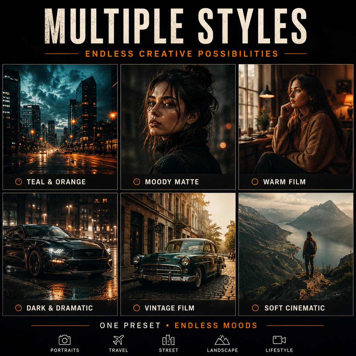Promotional graphic for a photo editing preset pack titled 'Multiple Styles'. The image displays six mood-based presets in a 2x3 grid: 'Teal & Orange' (cityscape), 'Moody Matte' (portrait), 'Warm Film' (portrait), 'Dark & Dramatic' (car in night city), 'Vintage Film' (car in street), and 'Soft Cinematic' (hiker in mountains).