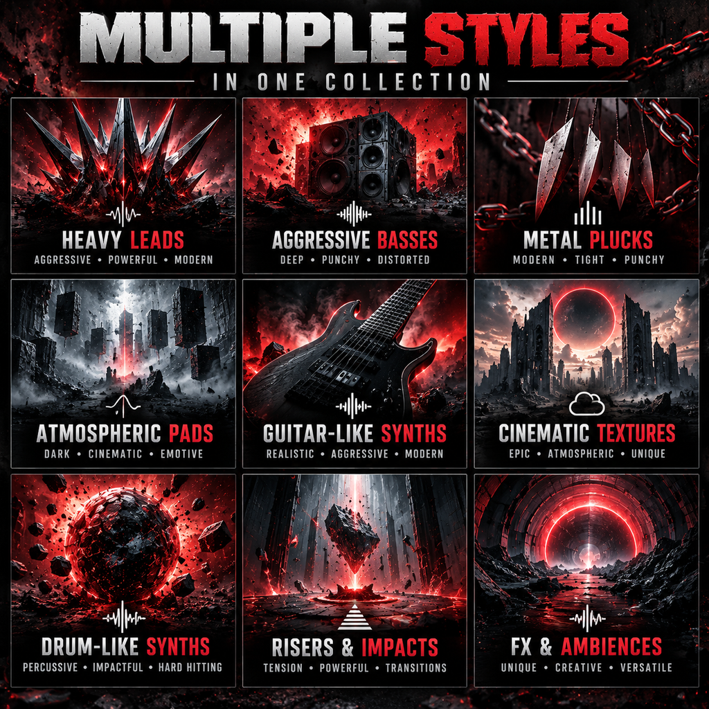 Modern Metal Serum Presets with heavy leads, aggressive basses, metal plucks, pads, textures and FX sounds.