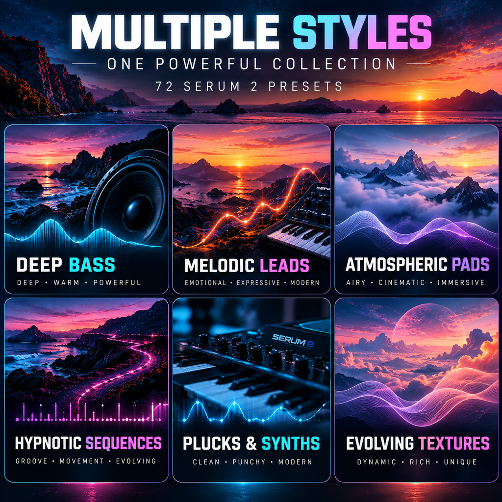 Promotional graphic for a preset pack titled "Multiple Styles" showing six stylized music production panels with scenic sunset imagery and text labels: Deep Bass, Melodic Leads, Atmospheric Pads, Hypnotic Sequences, Plucks & Synths, and Evolving Textures. The design uses neon blue, purple, pink, and orange tones over a dark landscape background.