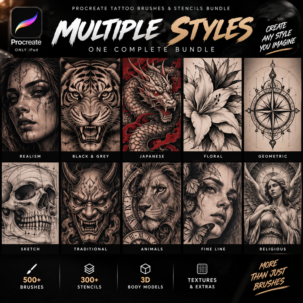 Promotional graphic for a Procreate tattoo brushes and stencils bundle, showing multiple sample tattoo designs in a grid: face realism, tiger, dragon, lily, compass, skull, traditional face art, animals, fine line, and religious art. Text highlights multiple styles, one complete bundle, 500+ brushes, 300+ stencils, 3D body models, and textures, with Procreate branding and iPad compatibility.