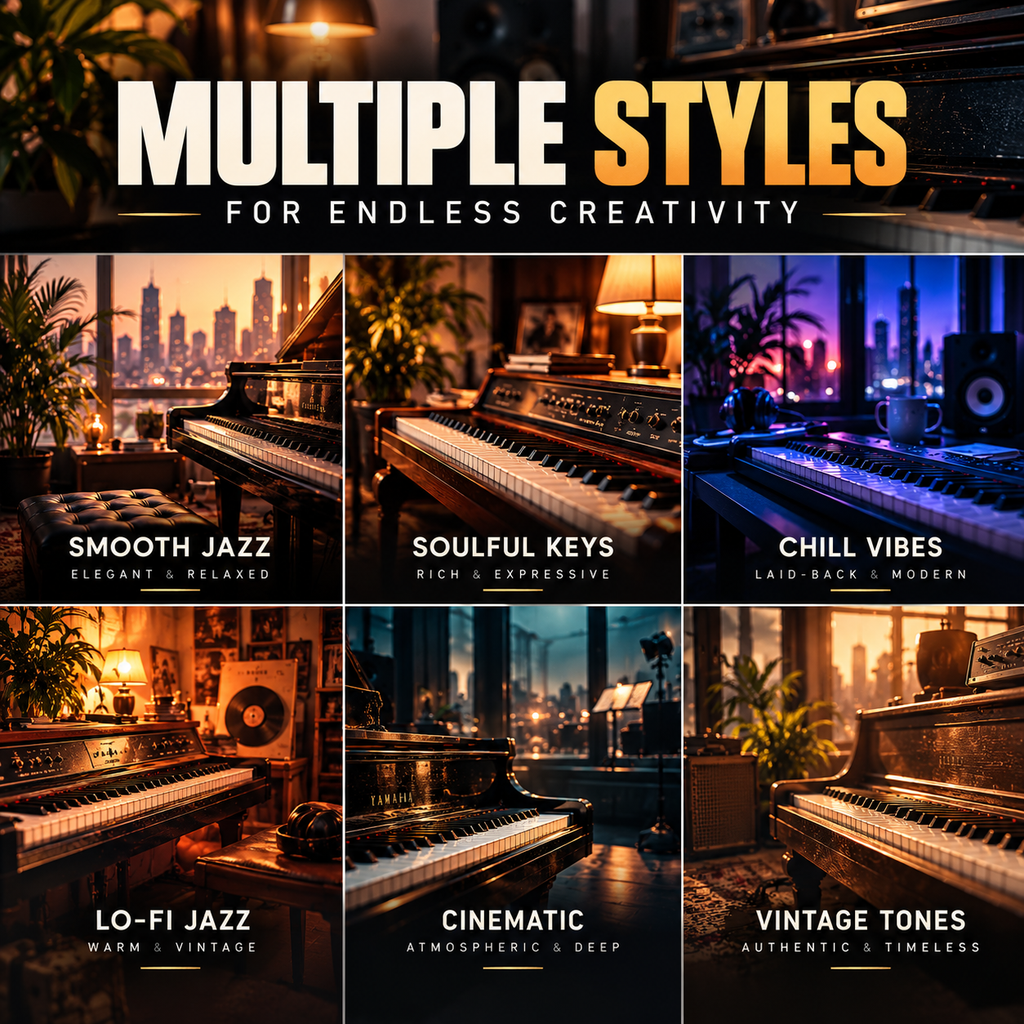 A promotional collage with the headline 'MULTIPLE STYLES FOR ENDLESS CREATIVITY' above six panels showing piano-key style visual effects in different mood categories: Smooth Jazz, Soulful Keys, Chill Vibes, Lo-Fi Jazz, Cinematic, and Vintage Tones.