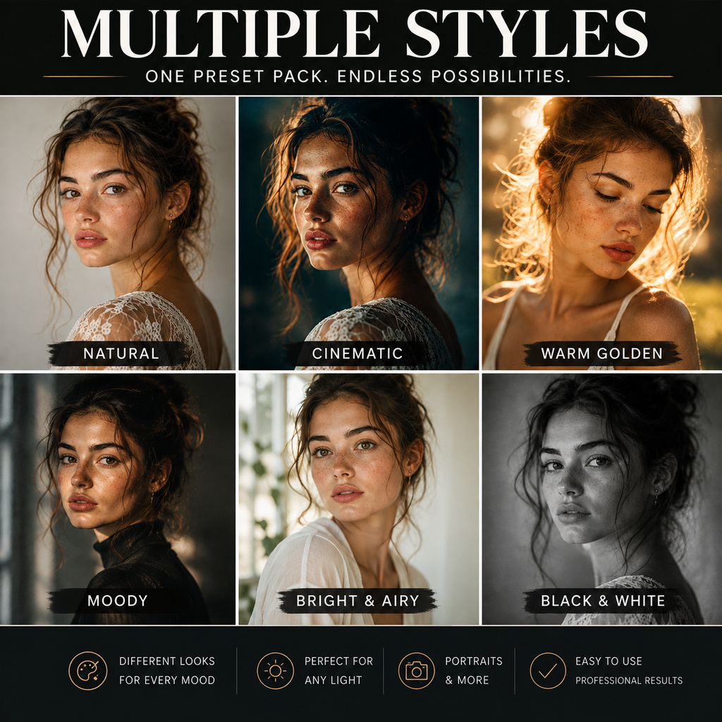 Promotional graphic for a preset pack showing six portrait style examples labeled Natural, Cinematic, Warm Golden, Moody, Bright & Airy, and Black & White, with the headline 'MULTIPLE STYLES' at the top and feature icons at the bottom.