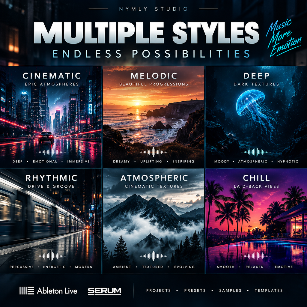 Promotional graphic for a music preset pack titled 'Multiple Styles' by Nymly Studio, showing six atmospheric scene panels labeled Cinematic, Melodic, Deep, Rhythmic, Atmospheric, and Chill, with Ableton Live and Serum branding.