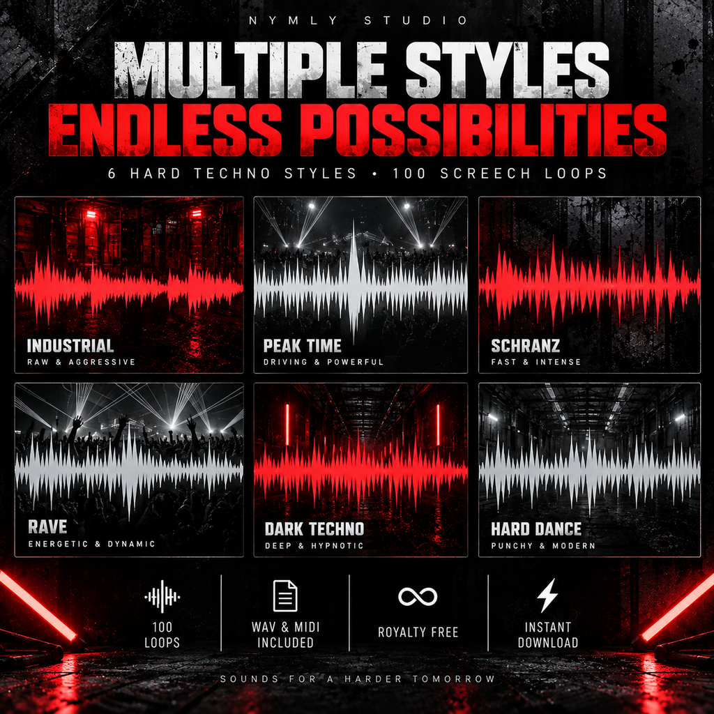 Promotional graphic for a digital audio sample pack titled 'Multiple Styles Endless Possibilities' by Nymly Studio. The design features six panels showcasing different hard techno styles (Industrial, Peak Time, Schranz, Rave, Dark Techno, Hard Dance) with red and white audio waveforms on a dark, atmospheric stage background.