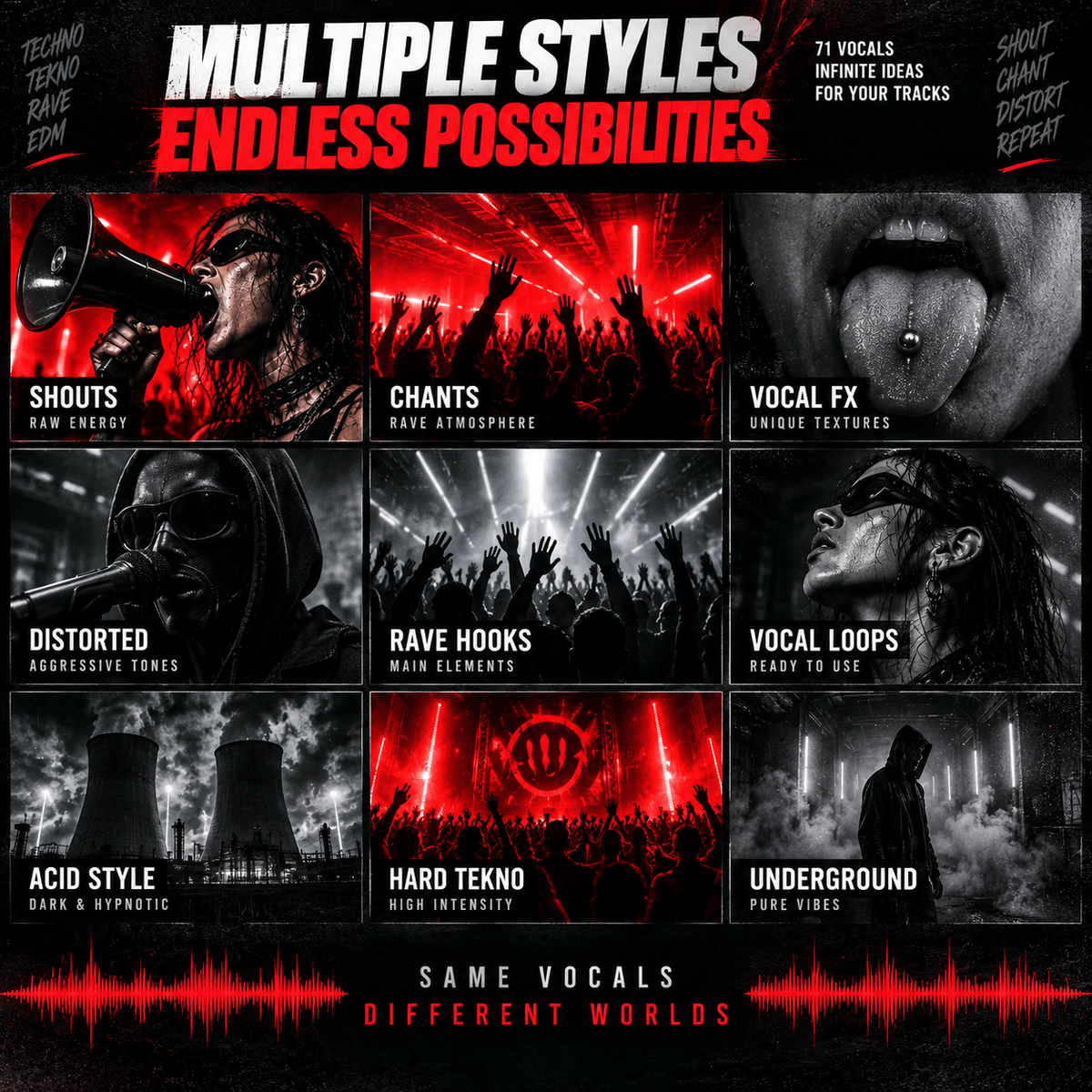 71 Tekno vocal samples featuring shouts, chants, vocal FX, loops, hard Tekno, acid, and underground styles.
