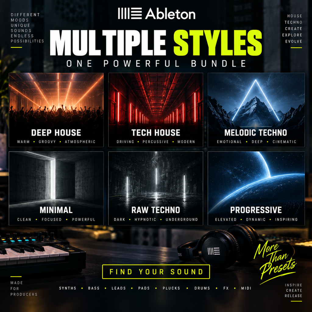 Promotional graphic for an Ableton music sample pack titled 'Multiple Styles One Powerful Bundle,' showing six genre panels: Deep House, Tech House, Melodic Techno, Minimal, Raw Techno, and Progressive. The design includes Ableton branding, a keyboard, headphones, and text overlays on a dark, moody studio background.