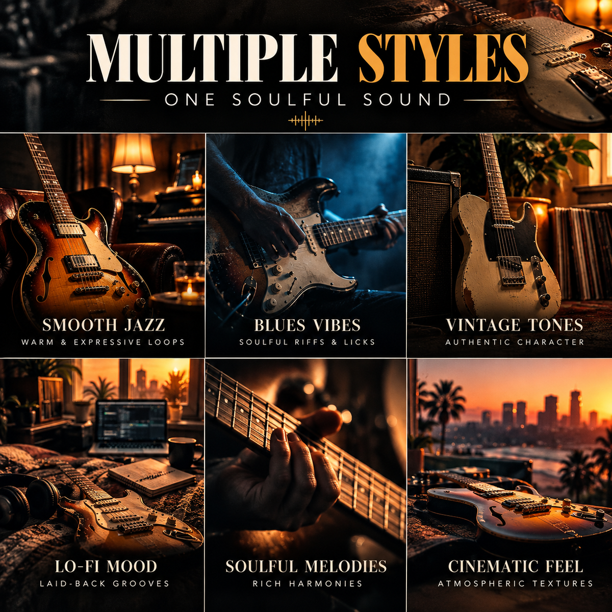 A promotional graphic for a music sample pack titled 'MULTIPLE STYLES ONE SOULFUL SOUND' showing six warm-toned panels with different guitar and instrument scenes and text labels: Smooth Jazz, Blues Vibes, Vintage Tones, Lo-Fi Mood, Soulful Melodies, and Cinematic Feel.