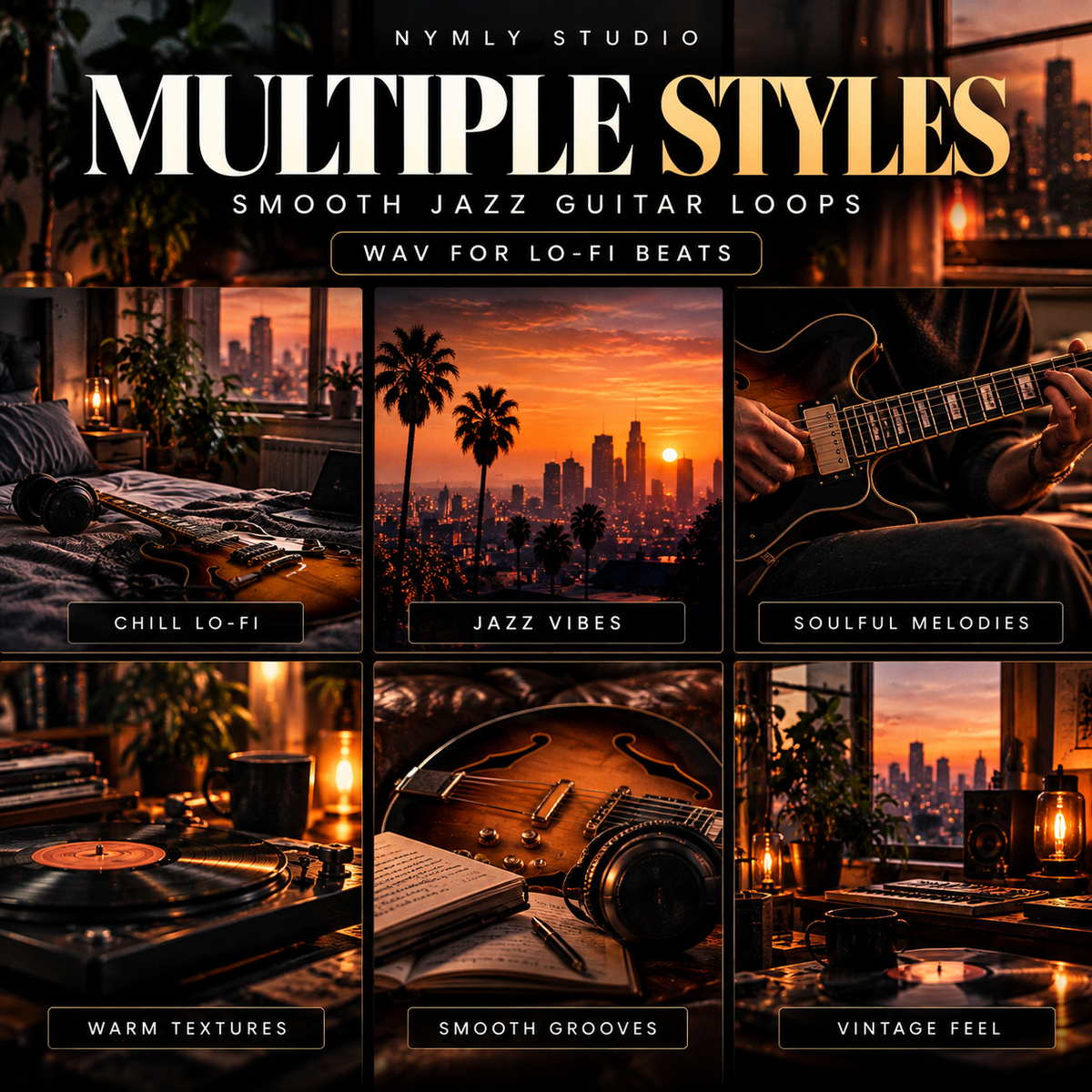 Promotional graphic for a digital music sample pack titled 'Multiple Styles: Smooth Jazz Guitar Loops' by Nymly Studio. The design features a 2x3 grid of six warm, moody lifestyle scenes with guitars, vinyl records, cityscapes at sunset, and cozy interiors, labeled 'Chill Lo-Fi', 'Jazz Vibes', 'Soulful Melodies', 'Warm Textures', 'Smooth Grooves', and 'Vintage Feel'.