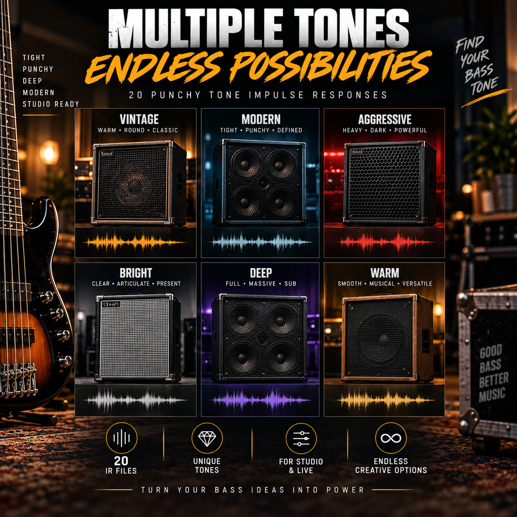 Promotional graphic for a bass amp tone preset pack titled 'Multiple Tones Endless Possibilities,' showing six preset panels labeled Vintage, Modern, Aggressive, Bright, Deep, and Warm, with waveforms and amp visuals in a dark studio setting with a guitar and amp in the background.