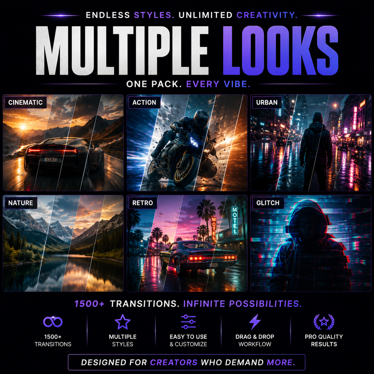 Promotional graphic for a digital product pack titled 'Multiple Looks' showing six example visual styles: cinematic, action, urban, nature, retro, and glitch. Large text reads 'Endless styles.