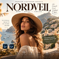 Promotional graphic for Nordveil Lightroom presets, featuring a woman in a wide-brim straw hat posing on a sunlit coastal terrace with mountains and sea in the background. Large text reads 'NORDVEIL' with smaller copy about warm, earthy, timeless tones, and feature badges for desktop and mobile at the bottom.