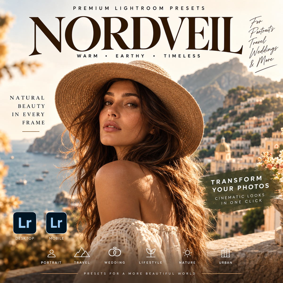 Promotional graphic for Nordveil Lightroom presets, featuring a woman in a wide-brim straw hat posing on a sunlit coastal terrace with mountains and sea in the background. Large text reads 'NORDVEIL' with smaller copy about warm, earthy, timeless tones, and feature badges for desktop and mobile at the bottom.