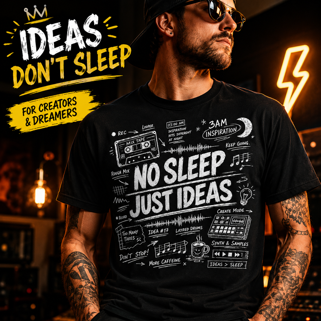A man wearing a black graphic t-shirt with white hand-drawn notes and the text 'NO SLEEP JUST IDEAS'. The background is a dark, warm-toned studio with neon lights, and a yellow graphic overlay in the top left reads 'IDEAS DON'T SLEEP FOR CREATORS & DREAMERS'.