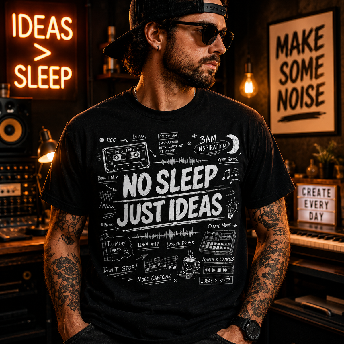 A man wearing a black graphic t-shirt with white chalk-style drawings and text reading 'NO SLEEP JUST IDEAS' and 'MAKE SOME NOISE', posed in a dark studio with speakers, a keyboard, and warm hanging lights.
