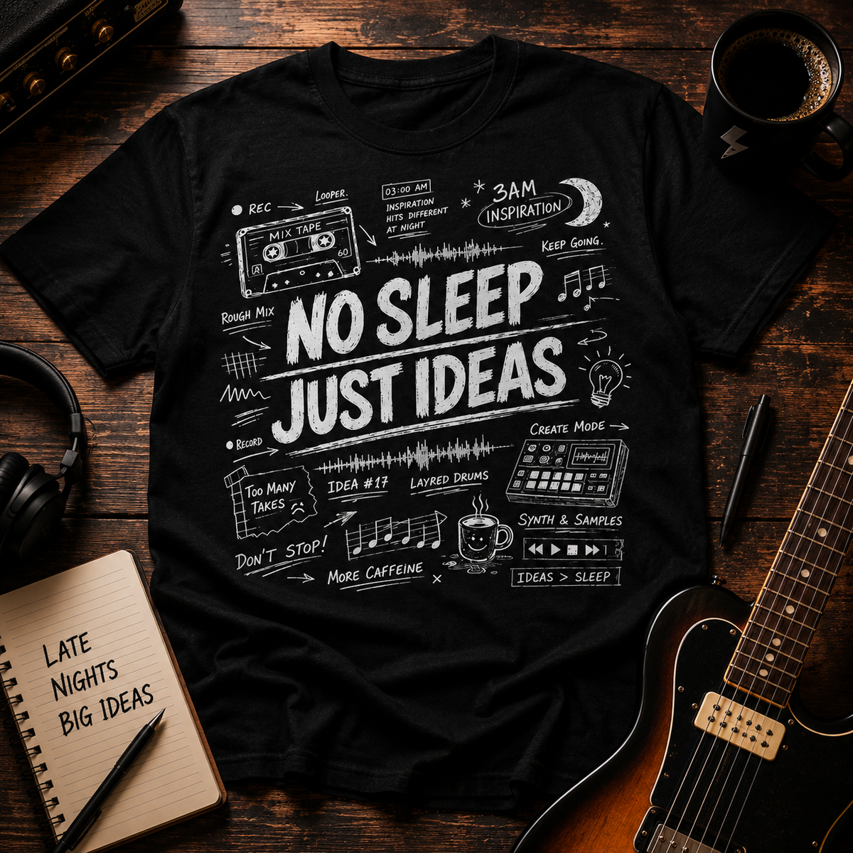 A black graphic t-shirt with white hand-drawn style music and productivity doodles and the text 'NO SLEEP JUST IDEAS' is laid flat on a dark wooden table surrounded by lifestyle props including a guitar, headphones, a notebook, and a cup of coffee.