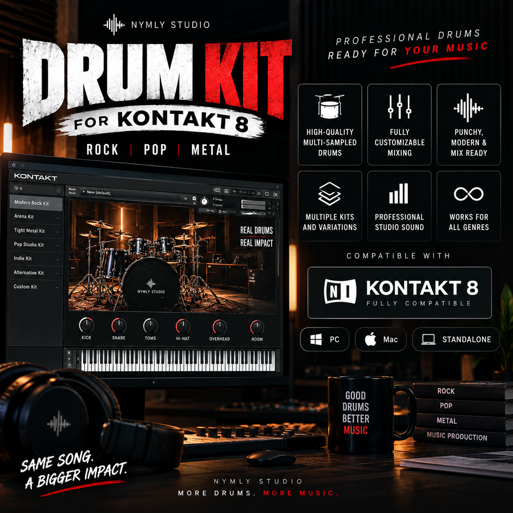 Promotional graphic for a Nymly Studio Drum Kit for Kontakt 8, showing a computer monitor with the software interface, a drum set in the background, headphones, and stacks of books on a dark studio surface. Text highlights rock, pop, and metal genres and compatibility with Kontakt 8.