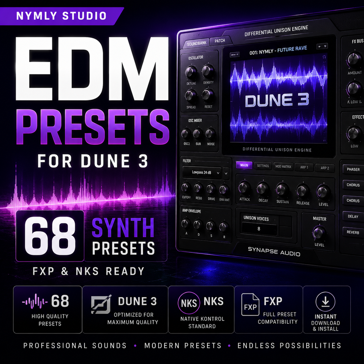 Promotional graphic for 'EDM Presets for Dune 3' by Nymly Studio, showing a black Synapse Audio differential union engine interface with purple glowing audio visuals and text highlighting 68 synth presets and FXP/NKS compatibility.