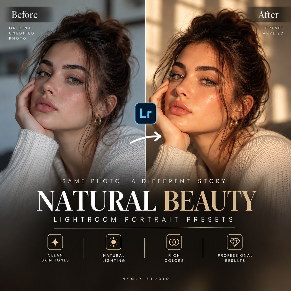 Promotional graphic for Natural Beauty Lightroom portrait presets, showing a before-and-after split comparison of a woman's face with warm edited tones on the right, plus text and feature icons at the bottom.