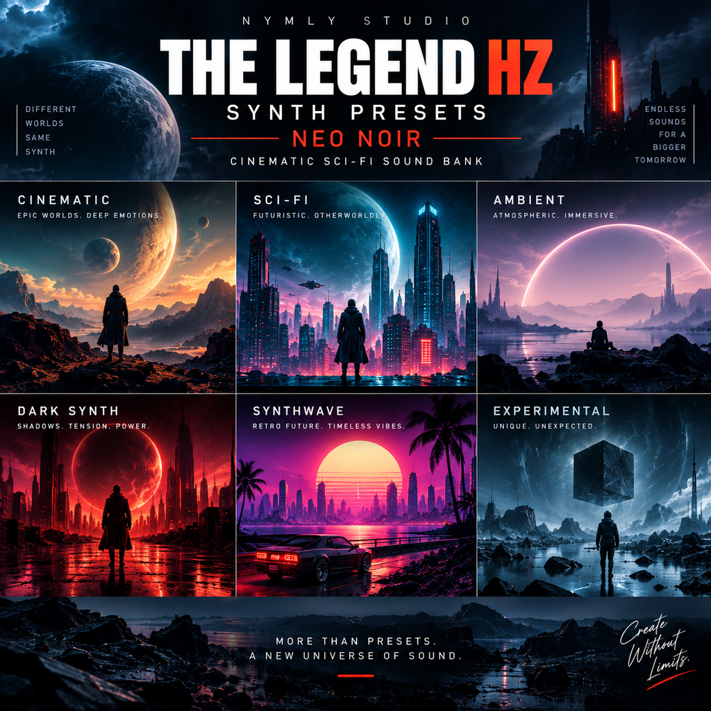 Promotional graphic for 'The Legend HZ' preset pack by Nymly Studio, showcasing six sci-fi and dark synth soundbank presets in a 2x3 grid with dramatic futuristic cityscapes, planets, and silhouettes.