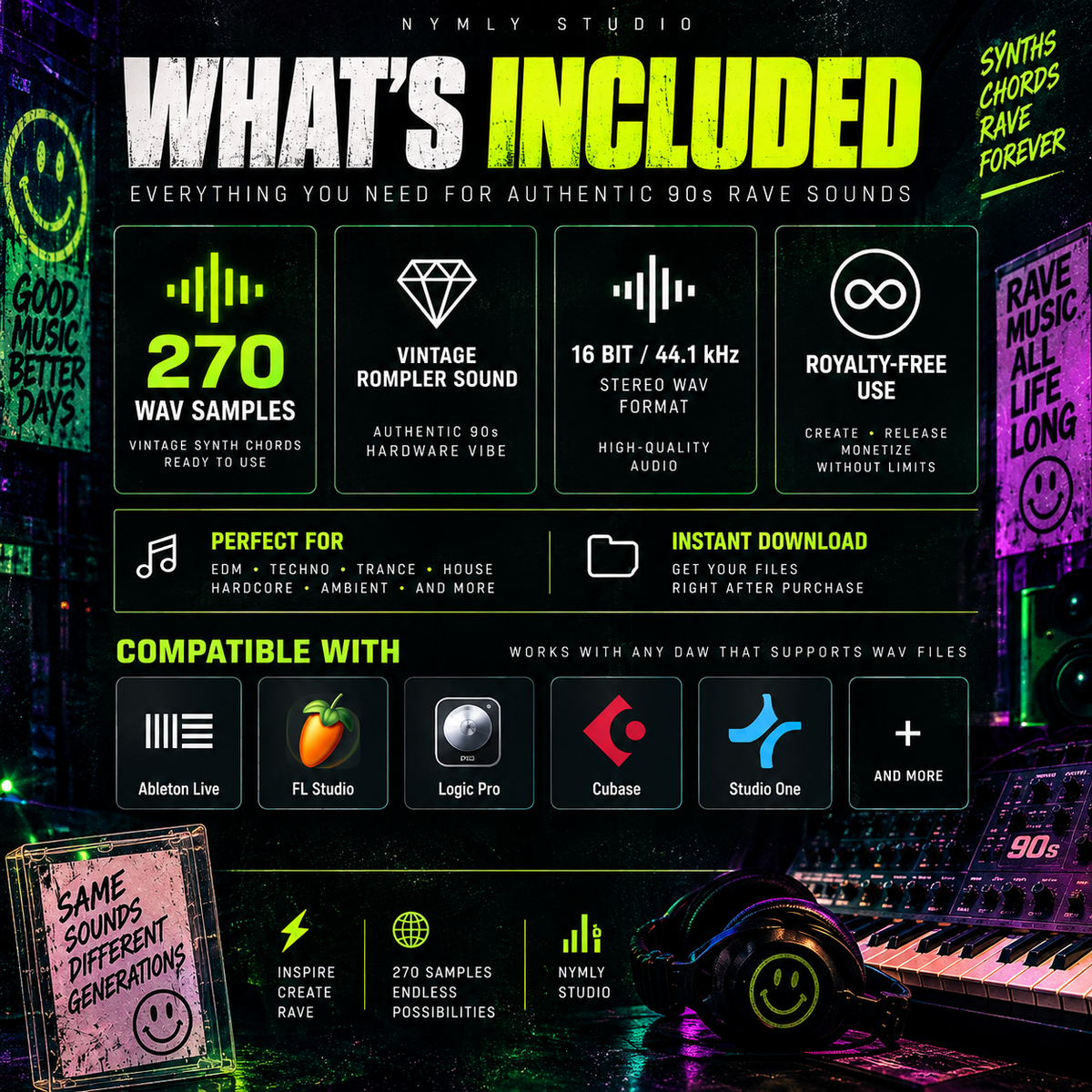 Promotional graphic for a digital audio sample pack titled 'WHAT'S INCLUDED' by Nymly Studio. The design uses a retro 90s rave aesthetic with neon green, pink, and purple lighting, featuring text blocks detailing 270 wav samples, vintage snare sounds, 16-bit/44.