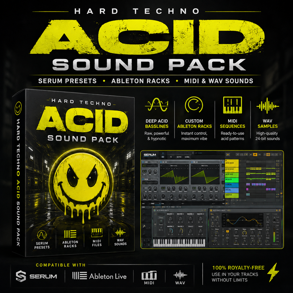 Promotional graphic for a Hard Techno Acid Sound Pack, showing a black box cover with large yellow 'ACID SOUND PACK' text, feature callouts, software interface screenshots, and compatibility logos for Serum and Ableton Live on a black background.