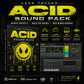 Promotional graphic for a Hard Techno Acid Sound Pack, showing a black box cover with large yellow 'ACID SOUND PACK' text, feature callouts, software interface screenshots, and compatibility logos for Serum and Ableton Live on a black background.